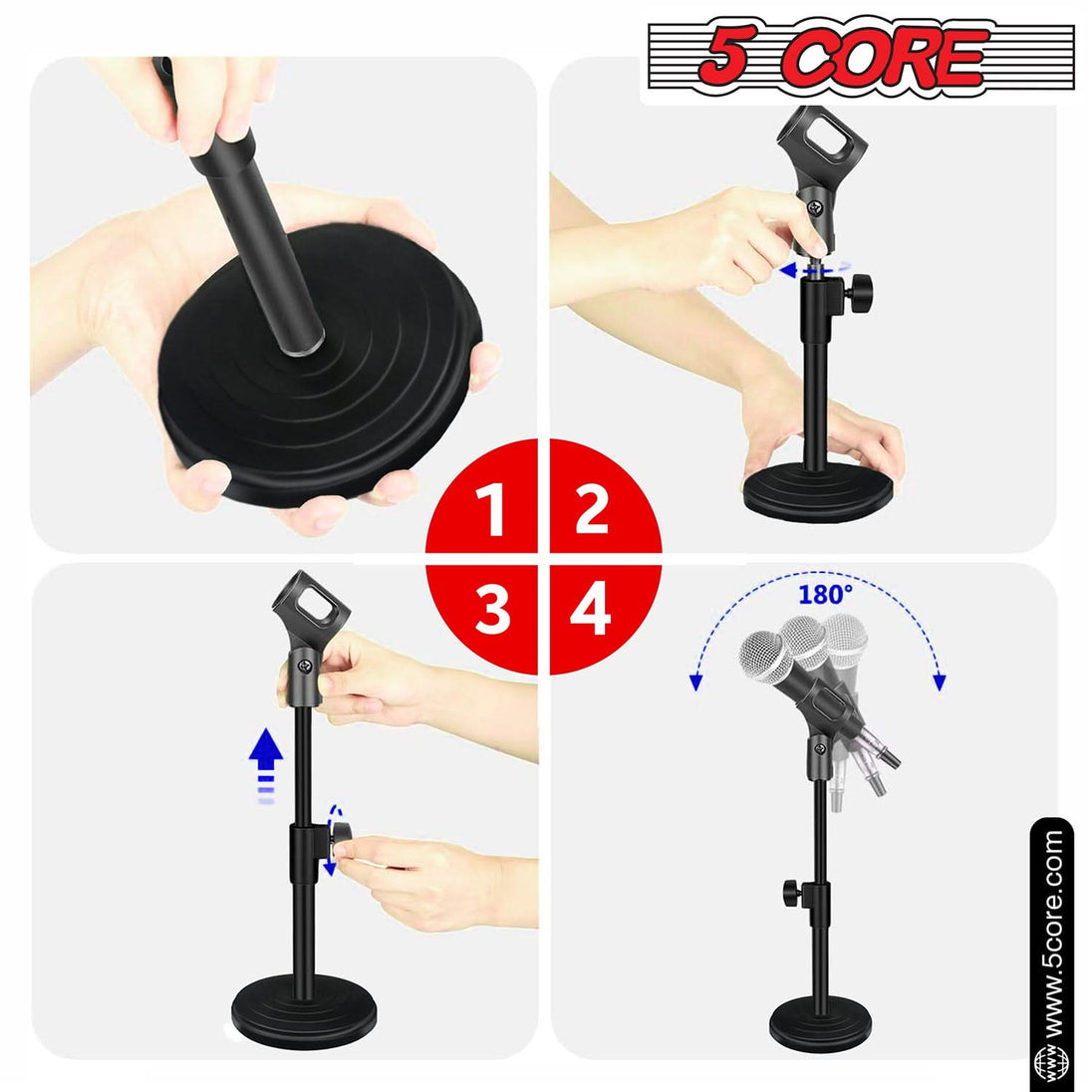 5 Core Round Base Mic Stand Desk Universal Desktop Height Adjustable Table Top Microphone Stand w Mic Clip