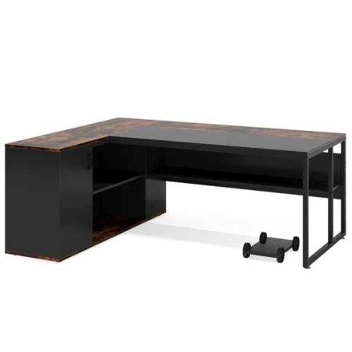 71" L-Shaped Executive Desk with Storage Cabinet, Printer Stand, CPU Holder & Shelves, Large Home Office Desk, Rustic Brown & Black