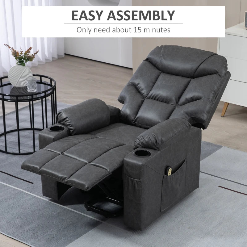 HOMCOM Lift Chair for Elderly, PU Leather Electric Recliner Chair with Quick Assembly, Remote, Cup Holders, Side Pockets, Grey