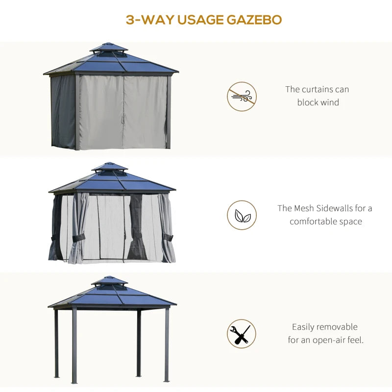 Outsunny 10'x10' Hardtop Patio Gazebo Aluminum Gazebo Deck Canopy with Double Tier Roof, Curtains, Netting Sidewalls, Black & Grey 