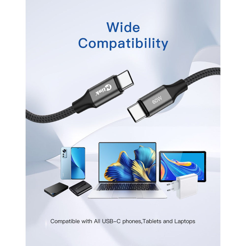 Câble tressé USB-C PD60W 20V/3A mâle à mâle à charge rapide de qualité supérieur