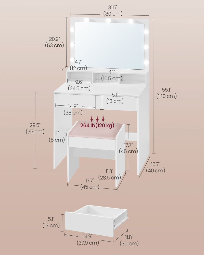 VASAGLE Vanity Desk with Mirror and Lights 