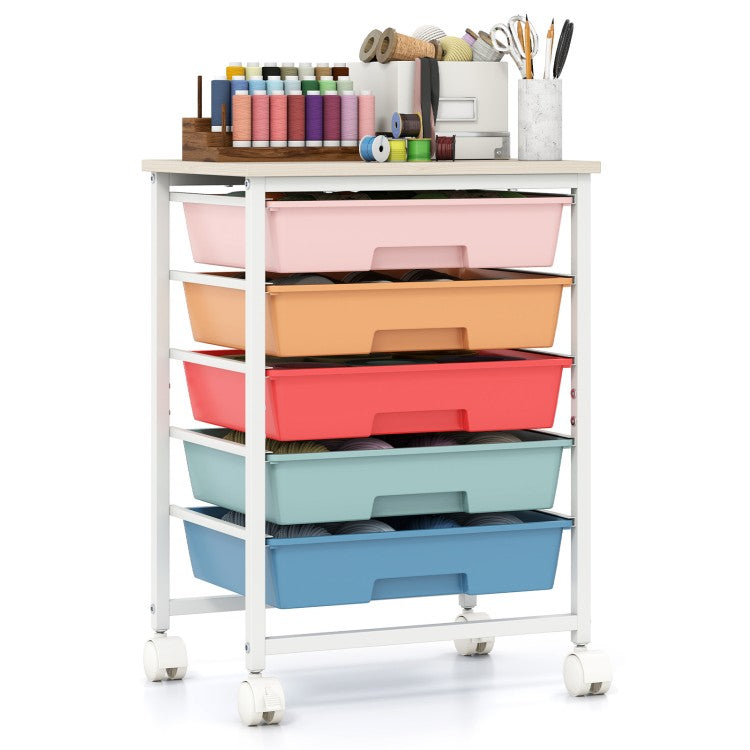 5-Drawer Rolling Storage Cart with Wooden Tabletop and Metal Frame – Craft & Organizer Cart