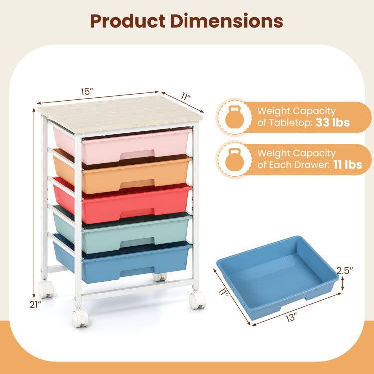 5-Drawer Rolling Storage Cart with Wooden Tabletop and Metal Frame – Craft & Organizer Cart
