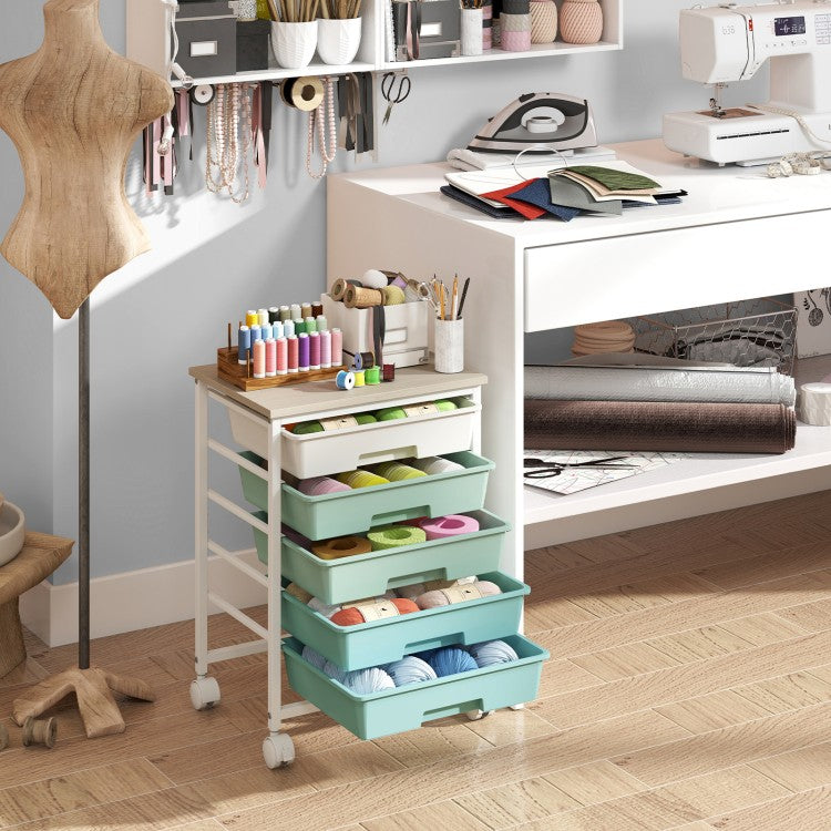 5-Drawer Rolling Storage Cart with Wooden Tabletop and Metal Frame – Craft & Organizer Cart