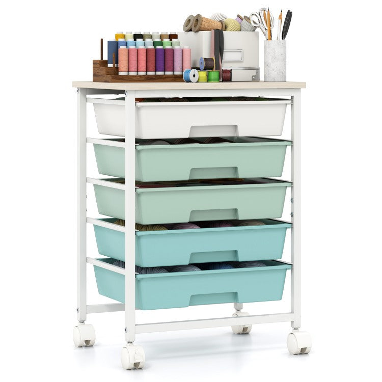 5-Drawer Rolling Storage Cart with Wooden Tabletop and Metal Frame – Craft & Organizer Cart