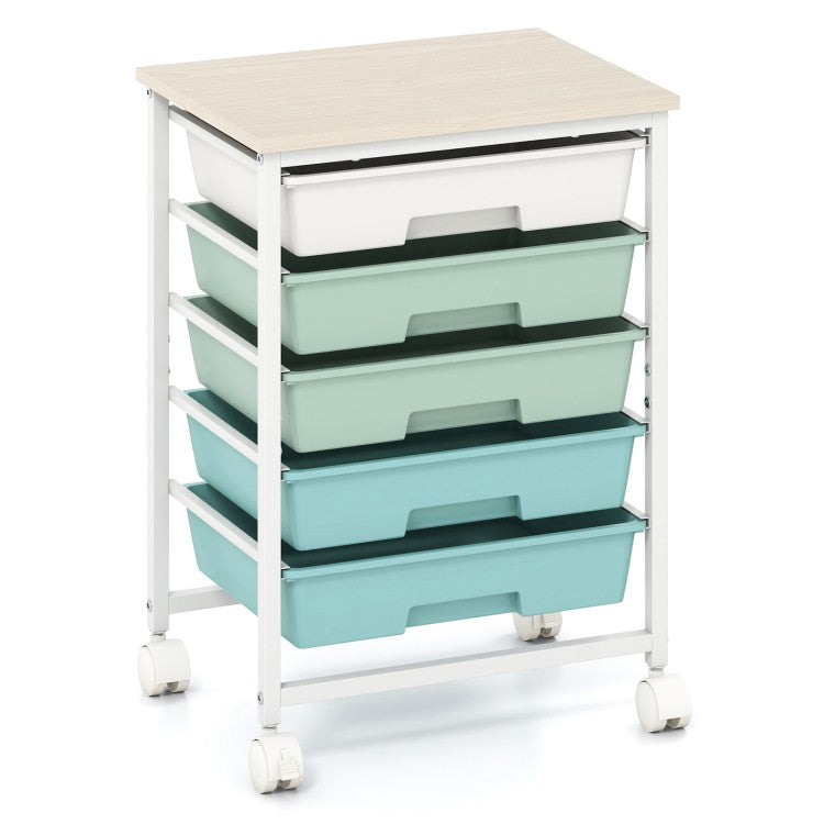 5-Drawer Rolling Storage Cart with Wooden Tabletop and Metal Frame – Craft & Organizer Cart