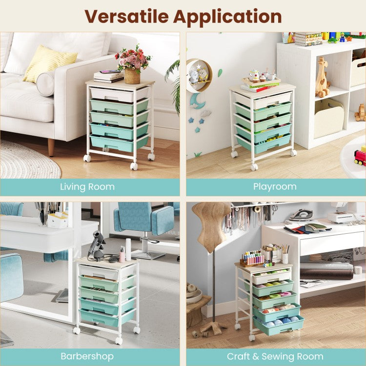 5-Drawer Rolling Storage Cart with Wooden Tabletop and Metal Frame – Craft & Organizer Cart