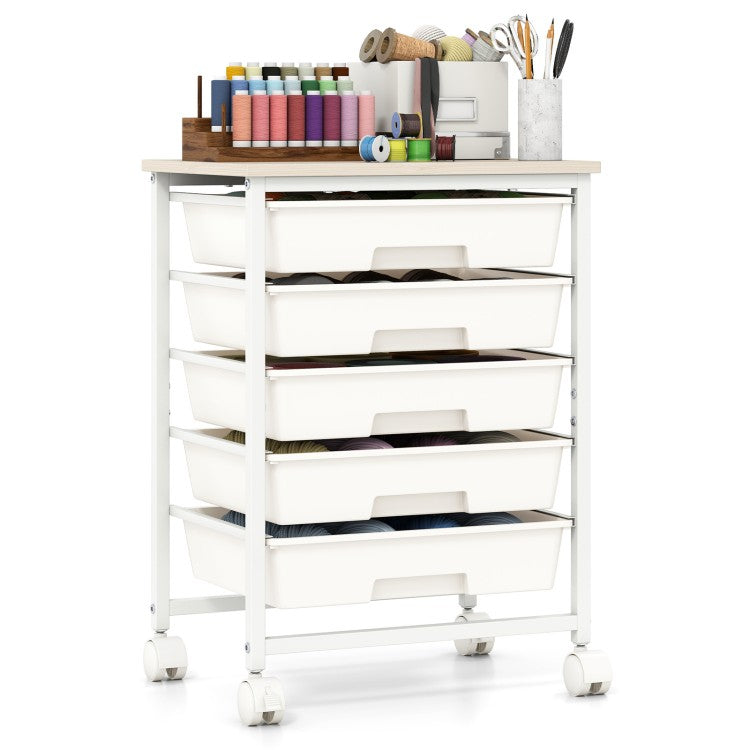 5-Drawer Rolling Storage Cart with Wooden Tabletop and Metal Frame – Craft & Organizer Cart