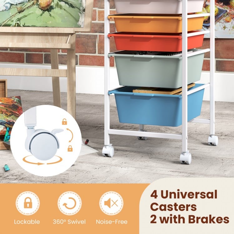 5-Drawer Rolling Storage Cart Mobile Utility Organizer with Wooden Tabletop and Lockable Wheels-Macaron