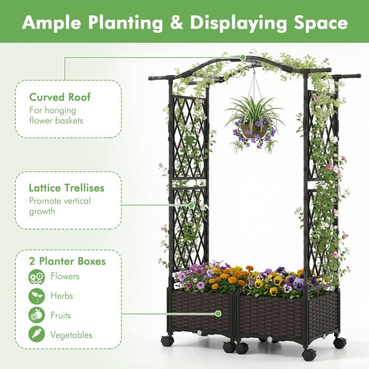 5 FT Self-Watering Planter Boxes with Lattice Trellis and Roof-Brown