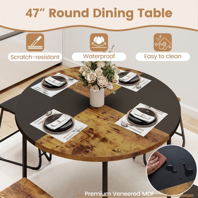 5-Piece Dining Set for 4 47 Inch Round  Kitchen Table and 4 Stools-Brown
