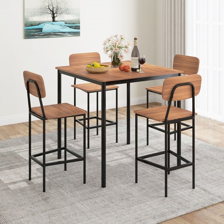 5 Pieces Industrial Dining Table Set with Counter Height Table and 4 Bar Stools-Coffee