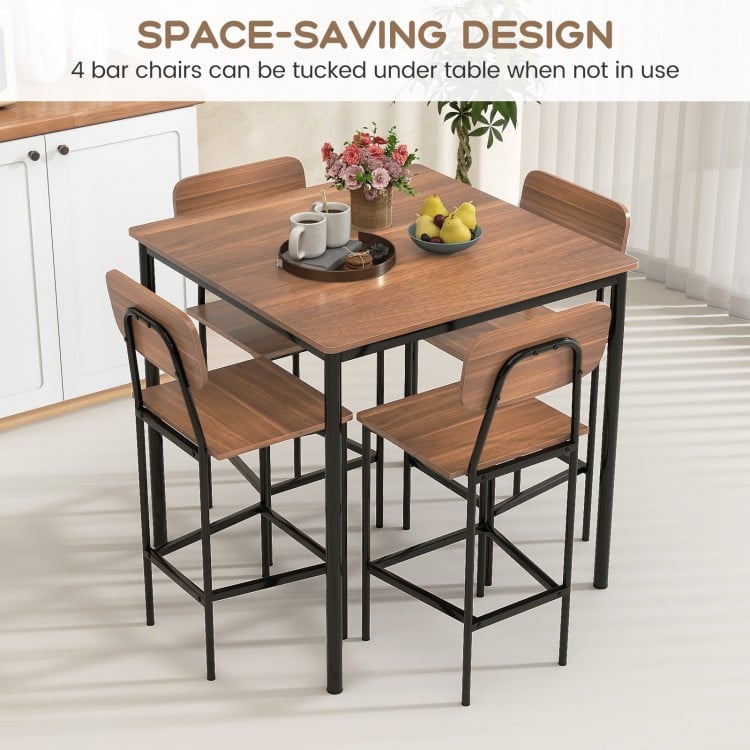 5 Pieces Industrial Dining Table Set with Counter Height Table and 4 Bar Stools-Coffee