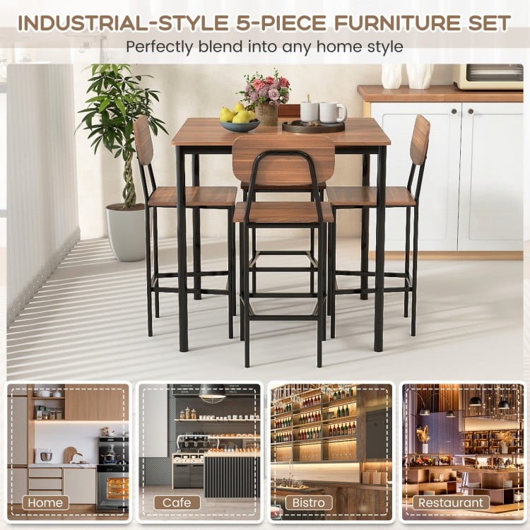 5 Pieces Industrial Dining Table Set with Counter Height Table and 4 Bar Stools-Coffee