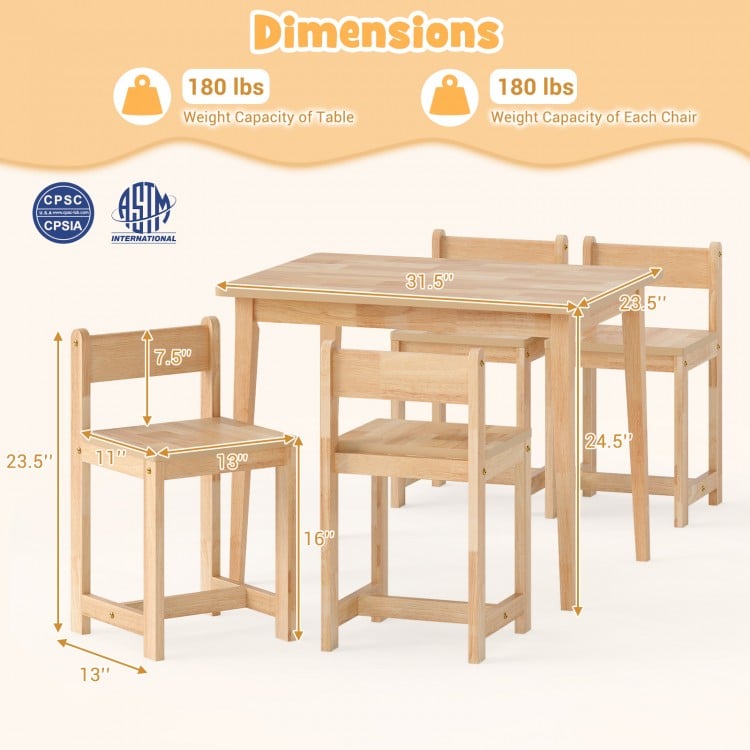 5-Piece Kids Table and Chairs Set Solid Rubber Wood Toddler Activity Table-Natural