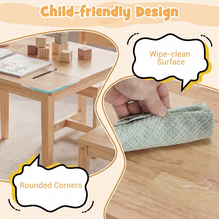 5-Piece Kids Table and Chairs Set Solid Rubber Wood Toddler Activity Table-Natural