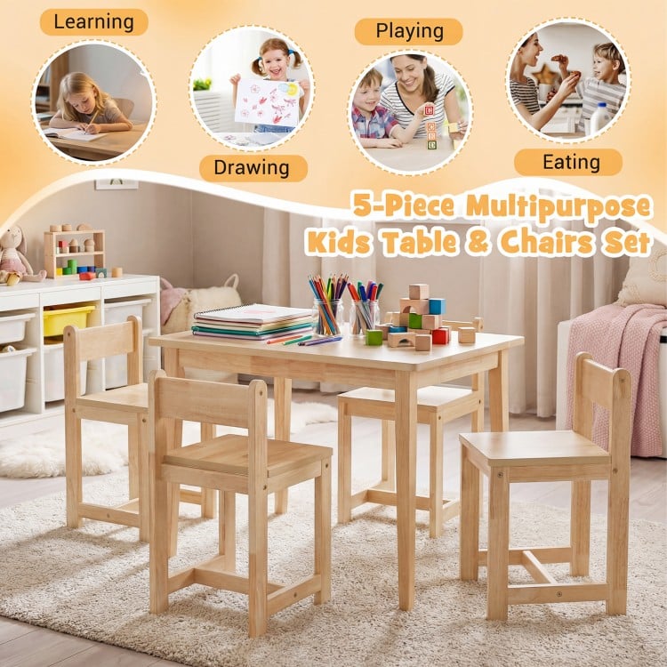 5-Piece Kids Table and Chairs Set Solid Rubber Wood Toddler Activity Table-Natural
