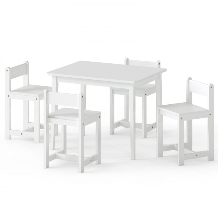 5-Piece Kids Table and Chairs Set Solid Rubber Wood Toddler Activity Table-White