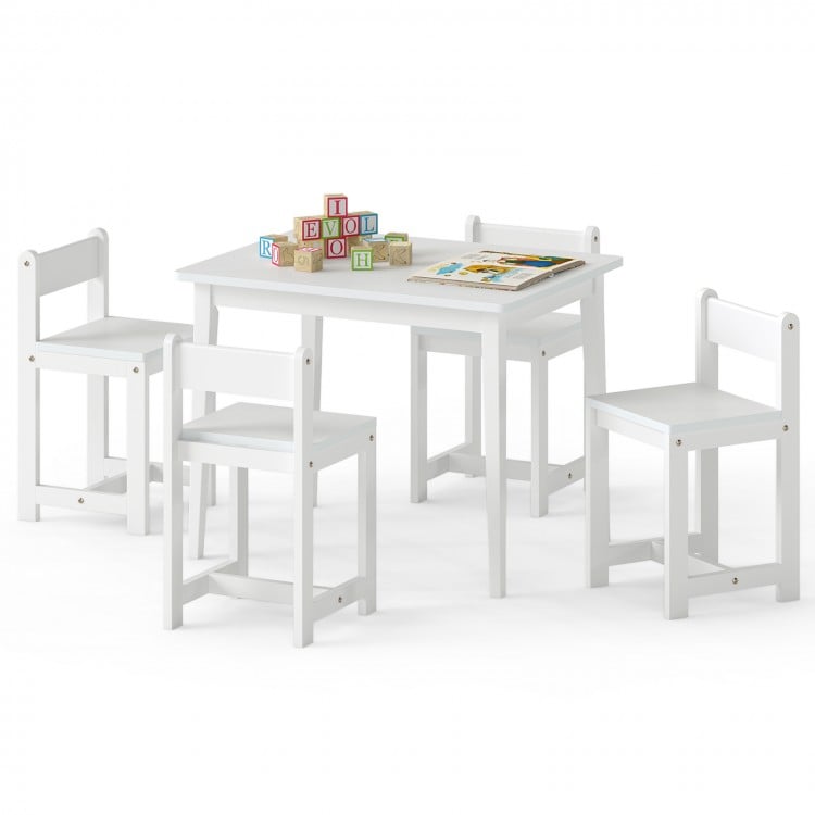 5-Piece Kids Table and Chairs Set Solid Rubber Wood Toddler Activity Table-White