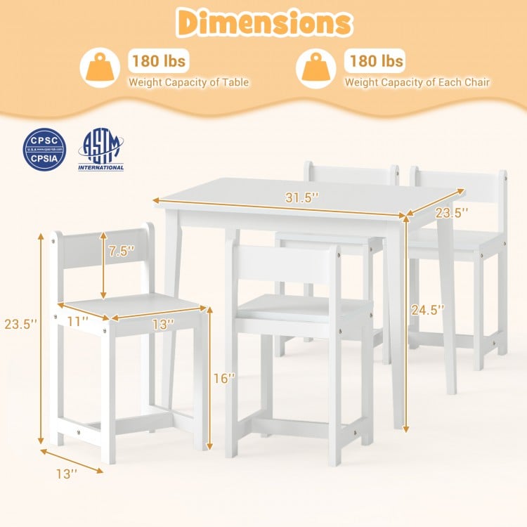 5-Piece Kids Table and Chairs Set Solid Rubber Wood Toddler Activity Table-White