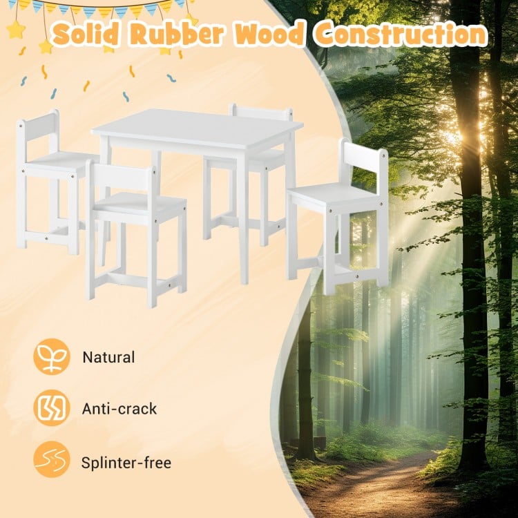 5-Piece Kids Table and Chairs Set Solid Rubber Wood Toddler Activity Table-White
