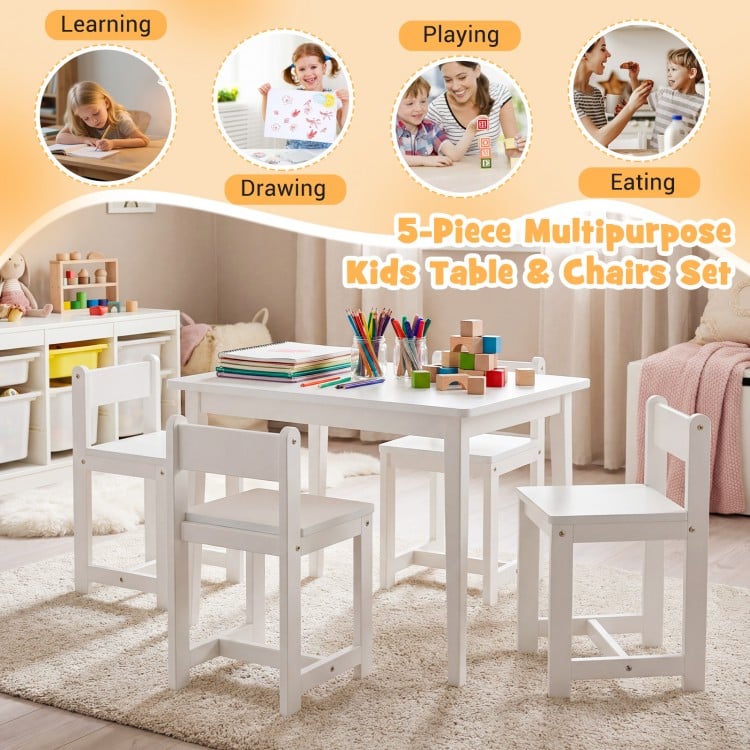 5-Piece Kids Table and Chairs Set Solid Rubber Wood Toddler Activity Table-White