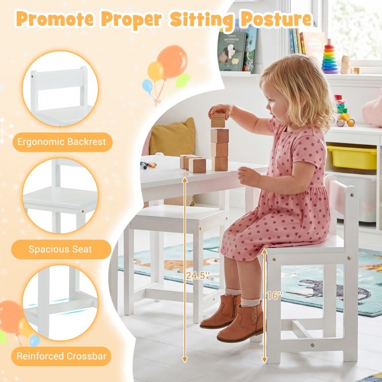5-Piece Kids Table and Chairs Set Solid Rubber Wood Toddler Activity Table-White