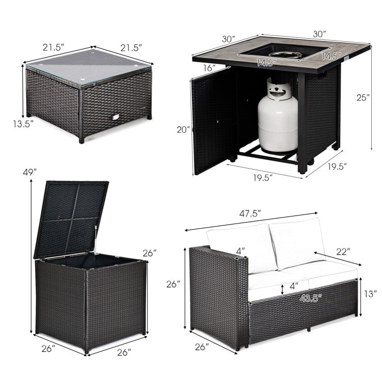 5-Piece Patio Furniture Set with 30 Inches Gas Fire Pit Table Outdoor PE Wicker Sofa Set