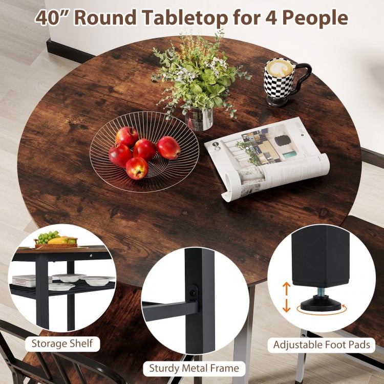 5-Piece Round Dining Table Set with Storage Shelf for Dining Room-Rustic Brown