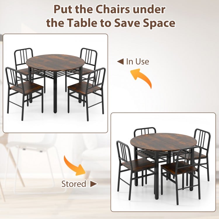 5-Piece Round Dining Table Set with Storage Shelf for Dining Room-Rustic Brown