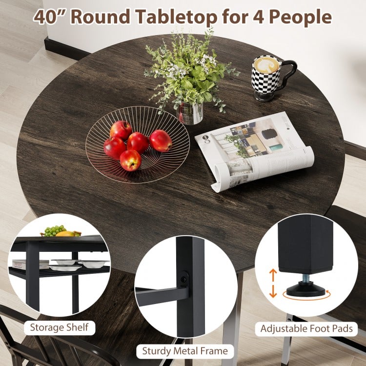 5-Piece Round Dining Table Set with Storage Shelf for Dining Room-Gray