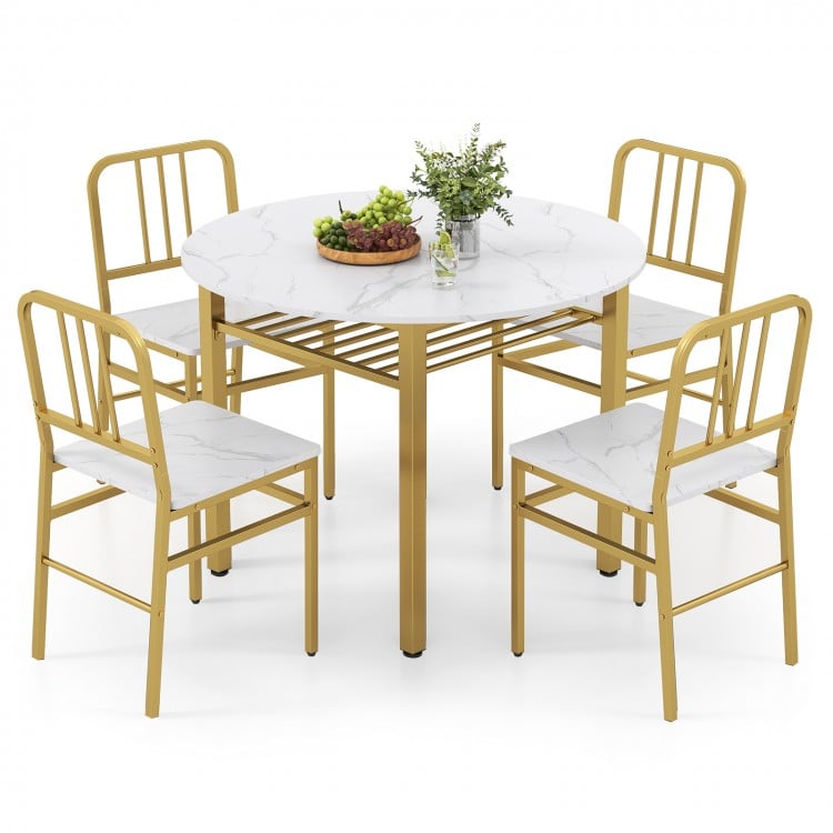 5-Piece Round Dining Table Set with Storage Shelf for Dining Room-White