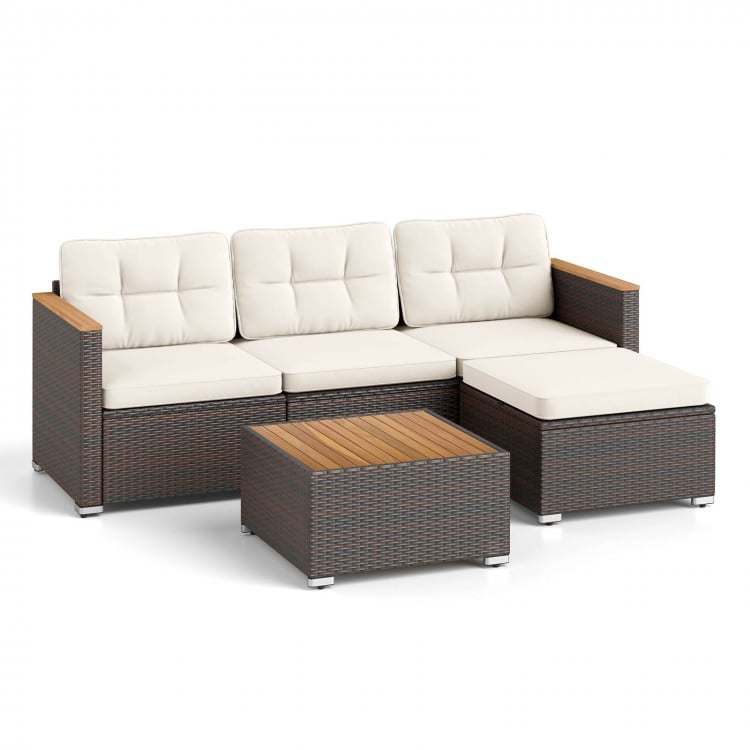 5-Piece Wicker Conversation Set Rattan Set with Cushions and Coffee Table-White