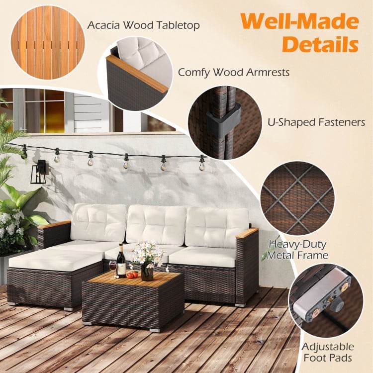 5-Piece Wicker Conversation Set Rattan Set with Cushions and Coffee Table-White