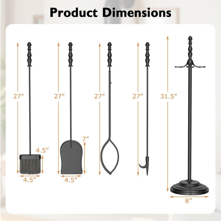 5-Pieces Fireplace Tool Set with Poker Tongs Brush Shovel and Round Stand