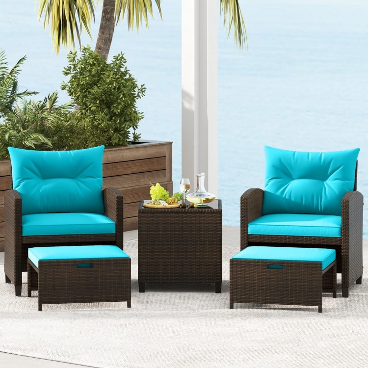 5 Pieces Patio Rattan Furniture with 2 Ottomans and Tempered Glass Coffee Table-Turquoise