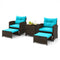 5 Pieces Patio Rattan Furniture with 2 Ottomans and Tempered Glass Coffee Table-Turquoise