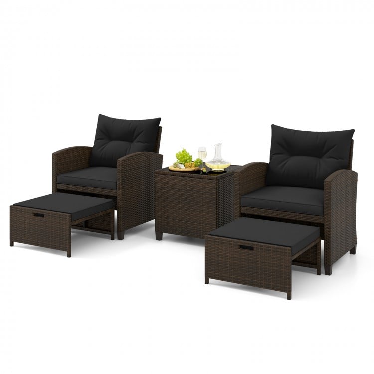 5 Pieces Patio Rattan Furniture with 2 Ottomans and Tempered Glass Coffee Table-Black