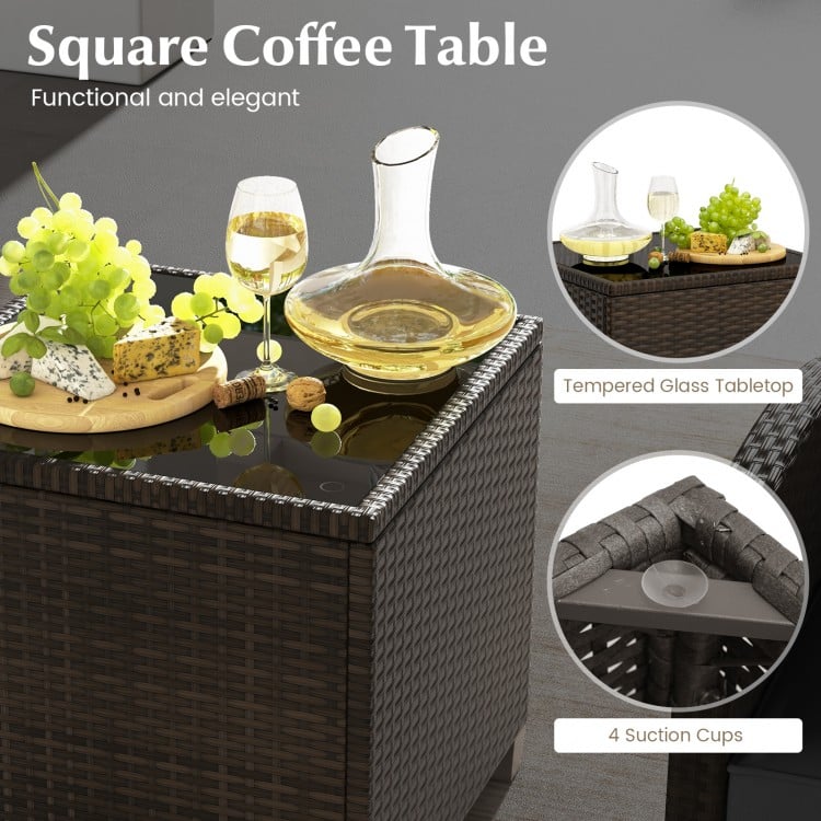 5 Pieces Patio Rattan Furniture with 2 Ottomans and Tempered Glass Coffee Table-Black