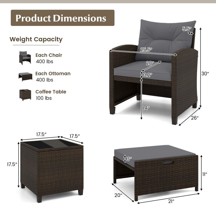 5 Pieces Patio Rattan Furniture with 2 Ottomans and Tempered Glass Coffee Table-Gray