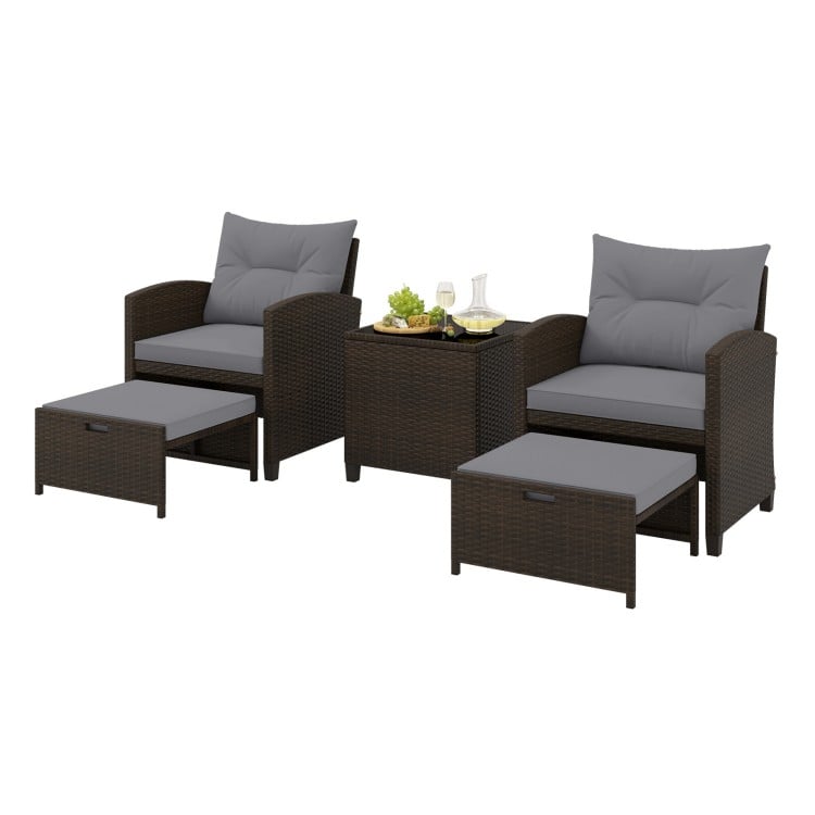 5 Pieces Patio Rattan Furniture with 2 Ottomans and Tempered Glass Coffee Table-Gray