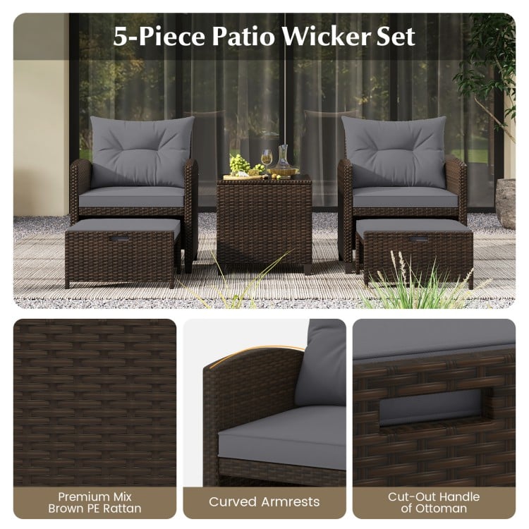 5 Pieces Patio Rattan Furniture with 2 Ottomans and Tempered Glass Coffee Table-Gray