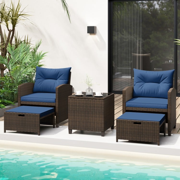 5 Pieces Patio Rattan Furniture with 2 Ottomans and Tempered Glass Coffee Table-Navy