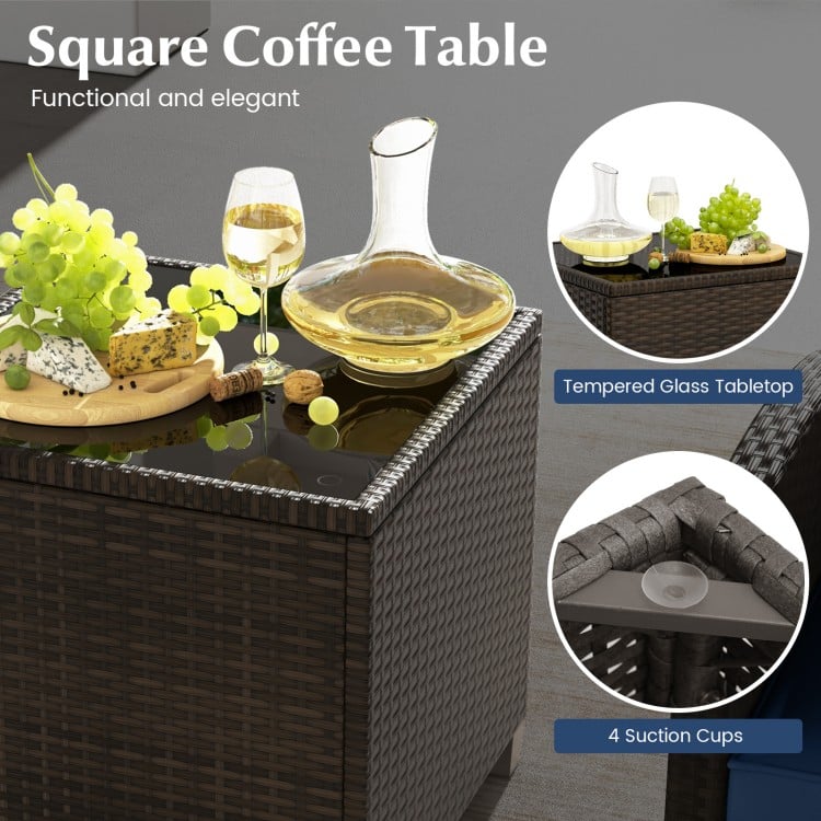 5 Pieces Patio Rattan Furniture with 2 Ottomans and Tempered Glass Coffee Table-Navy