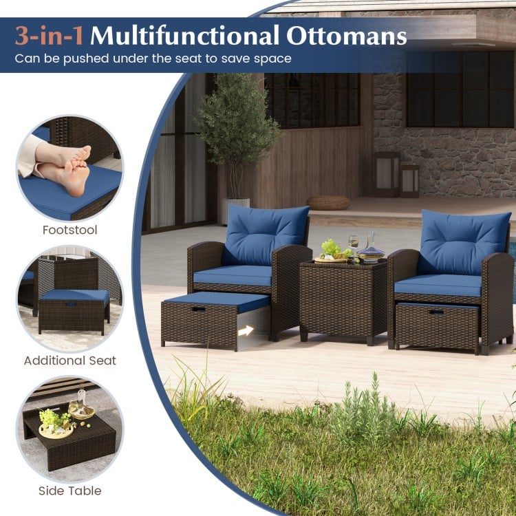 5 Pieces Patio Rattan Furniture with 2 Ottomans and Tempered Glass Coffee Table-Navy