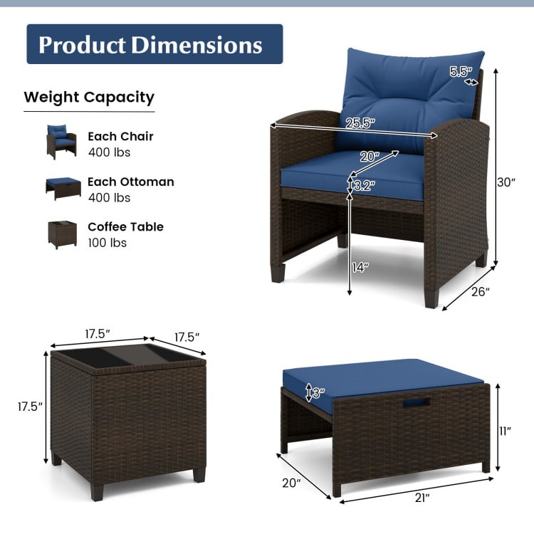 5 Pieces Patio Rattan Furniture with 2 Ottomans and Tempered Glass Coffee Table-Navy