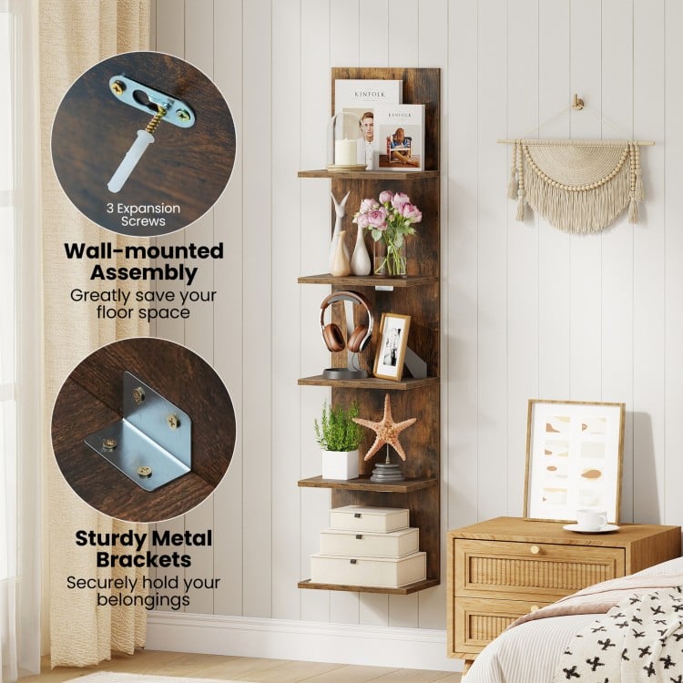 5-Tier Wall Mounted Shelf Unit with Wood Grain-Rustic Brown
