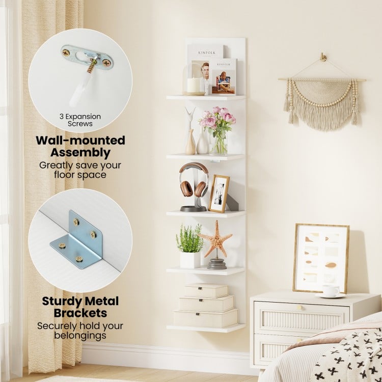 5-Tier Wall Mounted Shelf Unit with Wood Grain-White