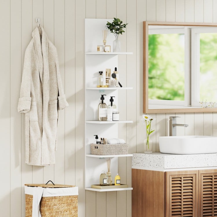 5-Tier Wall Mounted Shelf Unit with Wood Grain-White
